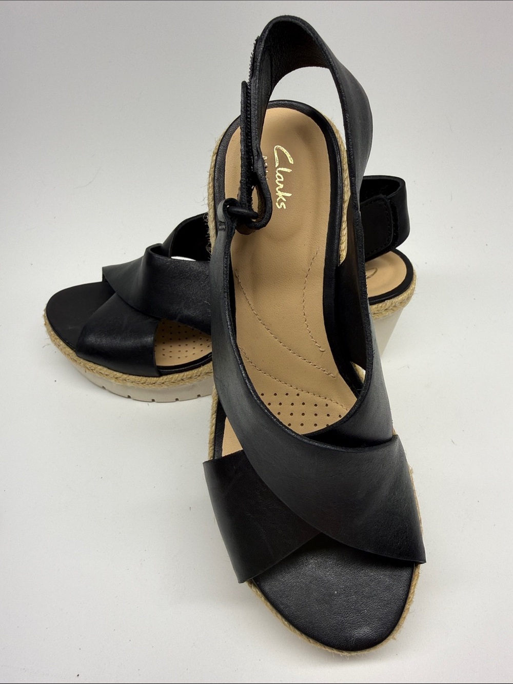 Clarks Black Palm Glow Leather Cross-Strap Slingback Wedge Sandals
